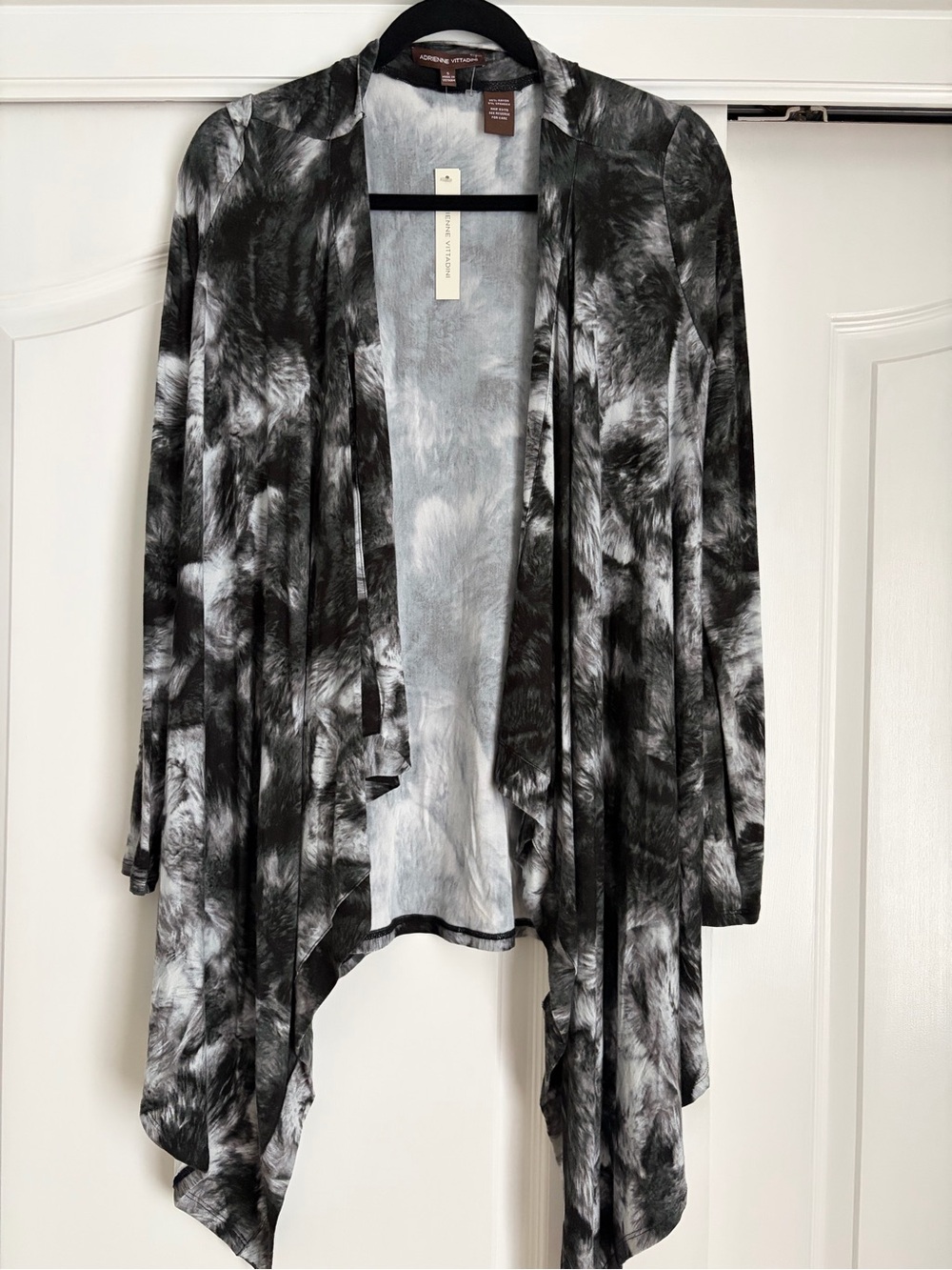 Adrienne Vittadini NWT Black Gray Abstract Waterfall Open Front Cardigan Size Sm